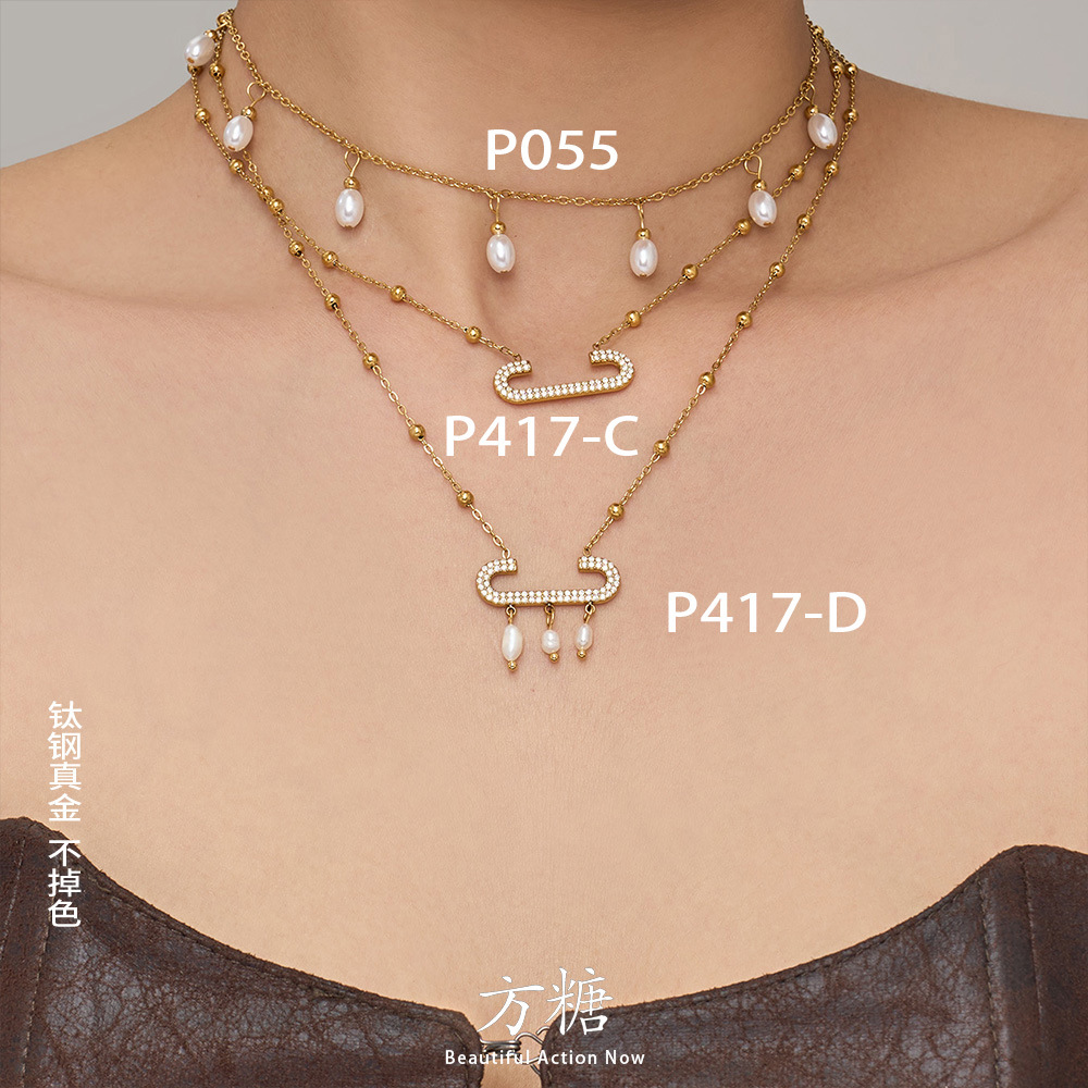 French-Style Light Luxury Full Diamond Paperclip Pearl Pendant Necklace, Stainless Steel Gold-Plated Elegant Women's Versatile Clavicle Chain