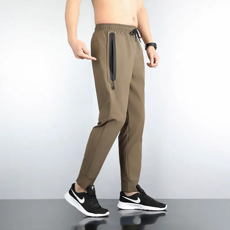 Brand Logo in stock Ice Silk Elastic Quick-drying Sports Trousers Men's Summer Slim-fit Fitness Running Casual Ankle-length Pants