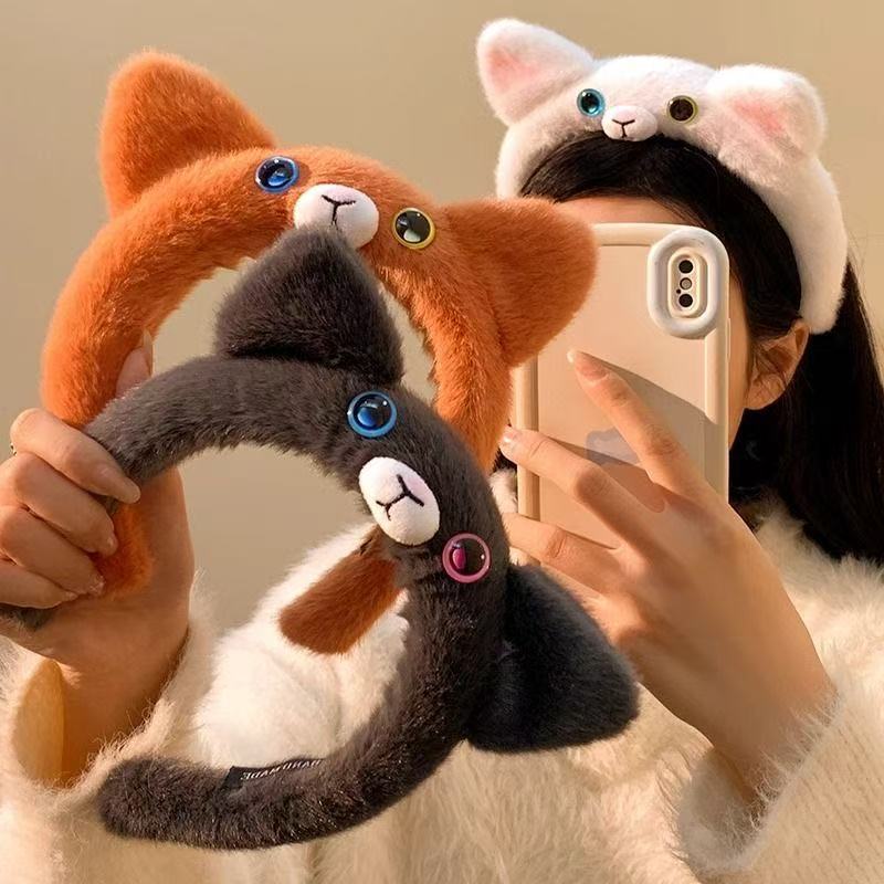 Super Cute Cat Ear Headband for Girls, Cute Girly Heart Plush Face Wash Headband, Cartoon Age-Reducing Kitten Hairpin Headband