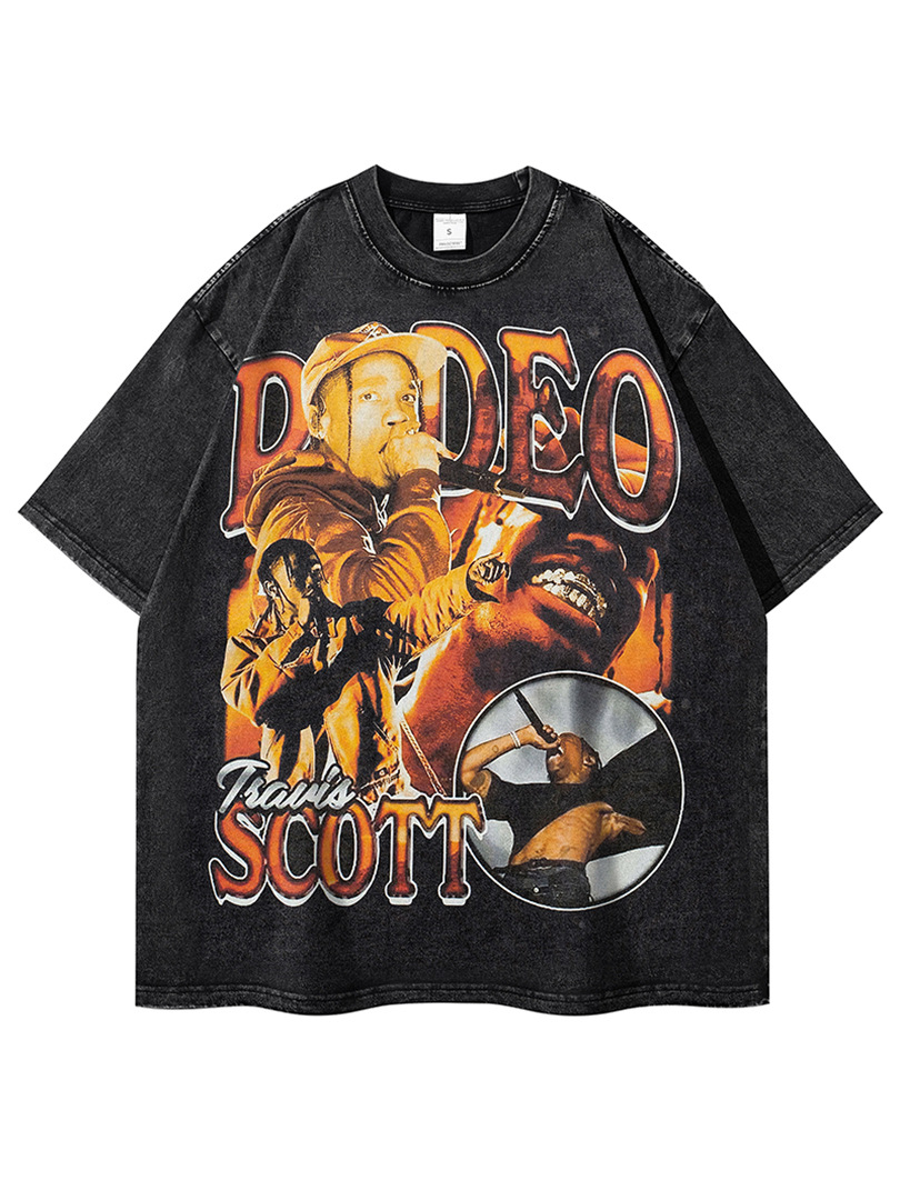 Travis scottT T-shirt heavy wash summer hip hop band rock loose black T-shirt cotton couple top