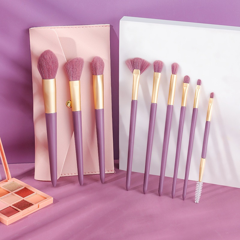 Cross-border 9 small purple sweet potato makeup set brush pattern with concealer blush powder brush suit soft silk fiber brush