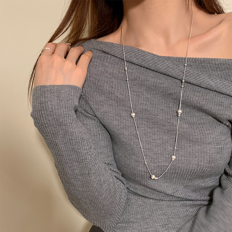 Simple Long Adjustable Beaded Titanium Steel Necklace Women's Light Luxury High-end Color-free Pull-out Ball Woolen Chain