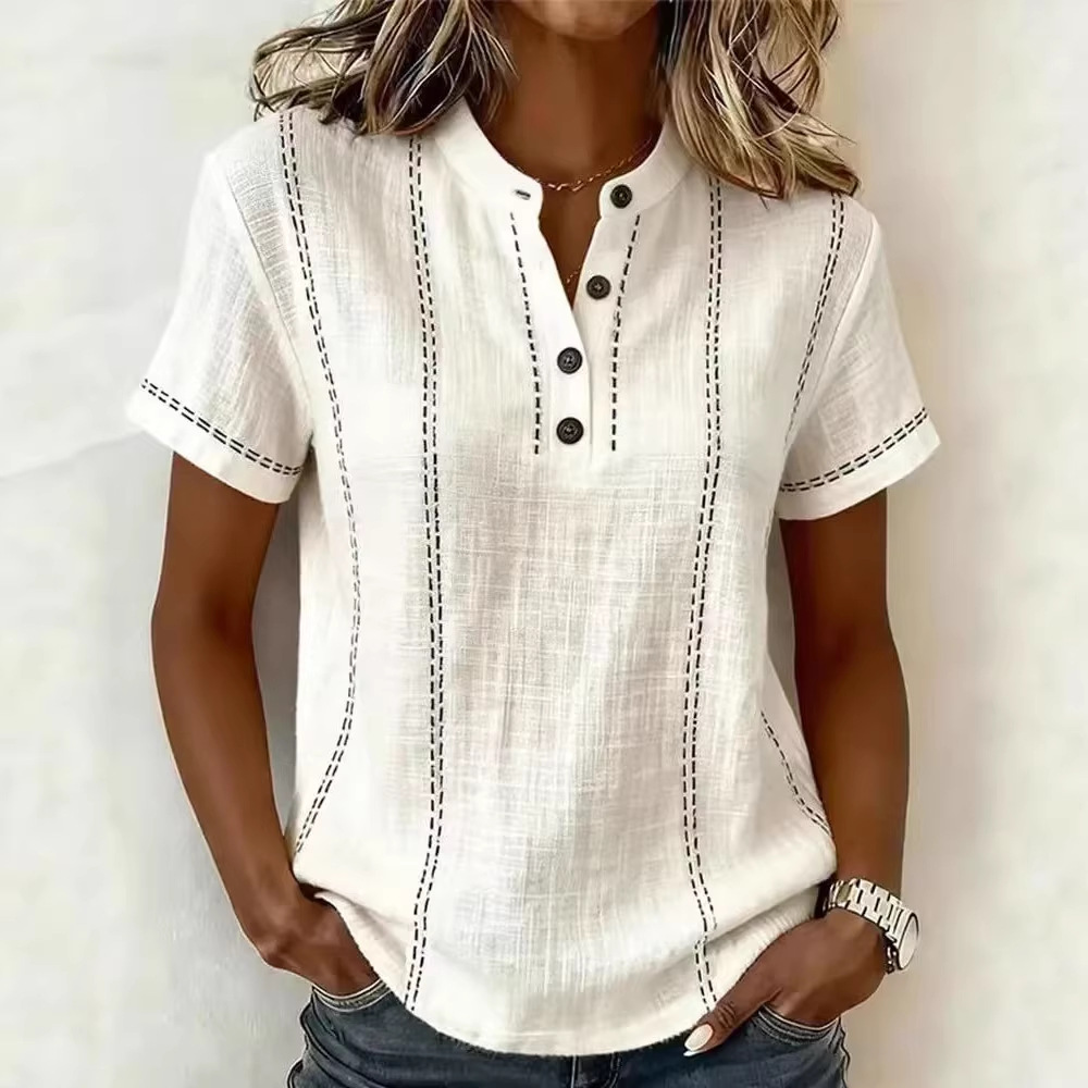 2026 Amazon Cross-Border Independent Site Foreign Trade European and American New Style Casual Short-Sleeve Stand Collar Solid Color Patchwork Women's Shirt