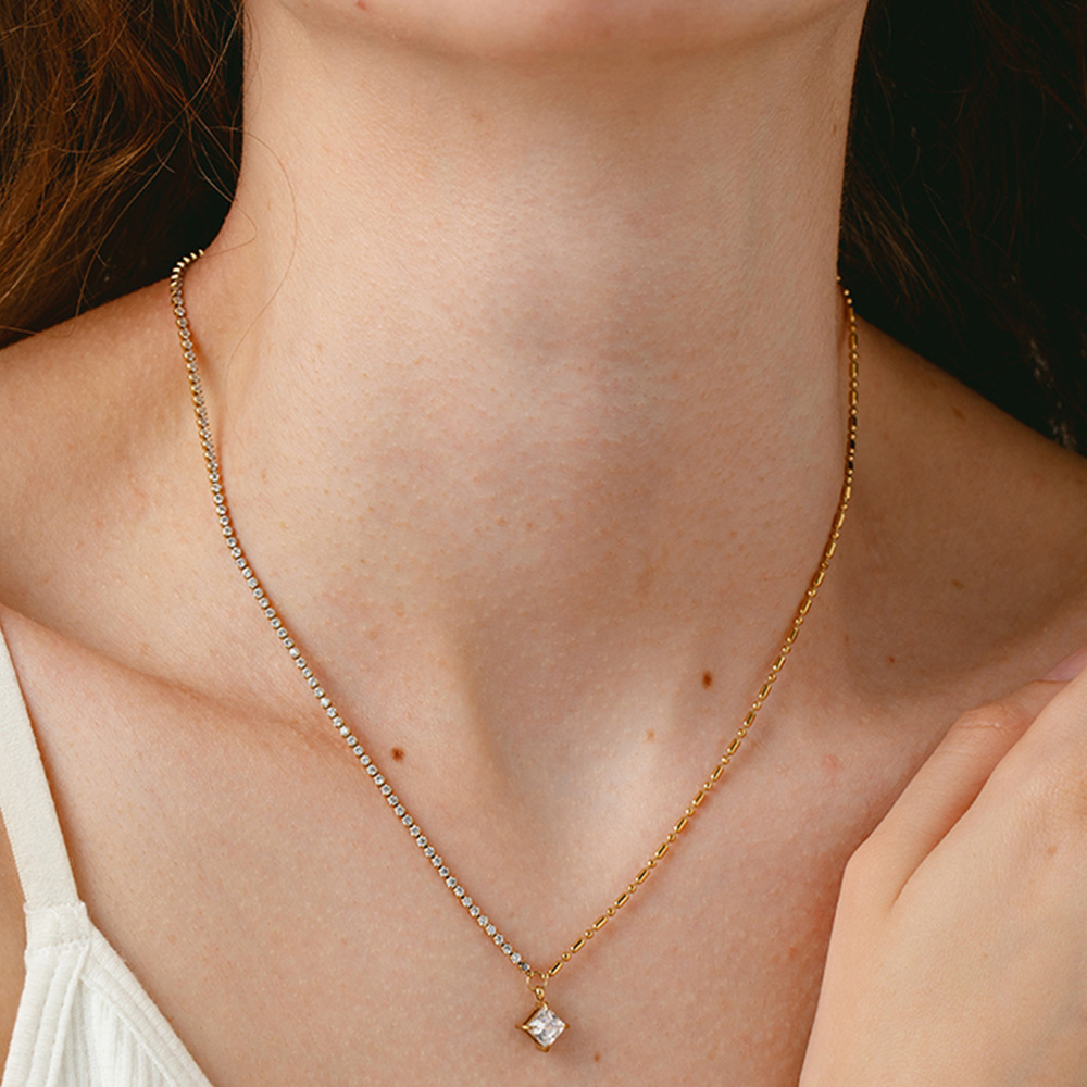 Cross-Border Geometric Zircon Pendant Tennis Chain Bead Chain Spliced Stainless Steel Necklace Gold-Plated Light Luxury High-End Jewelry for Women