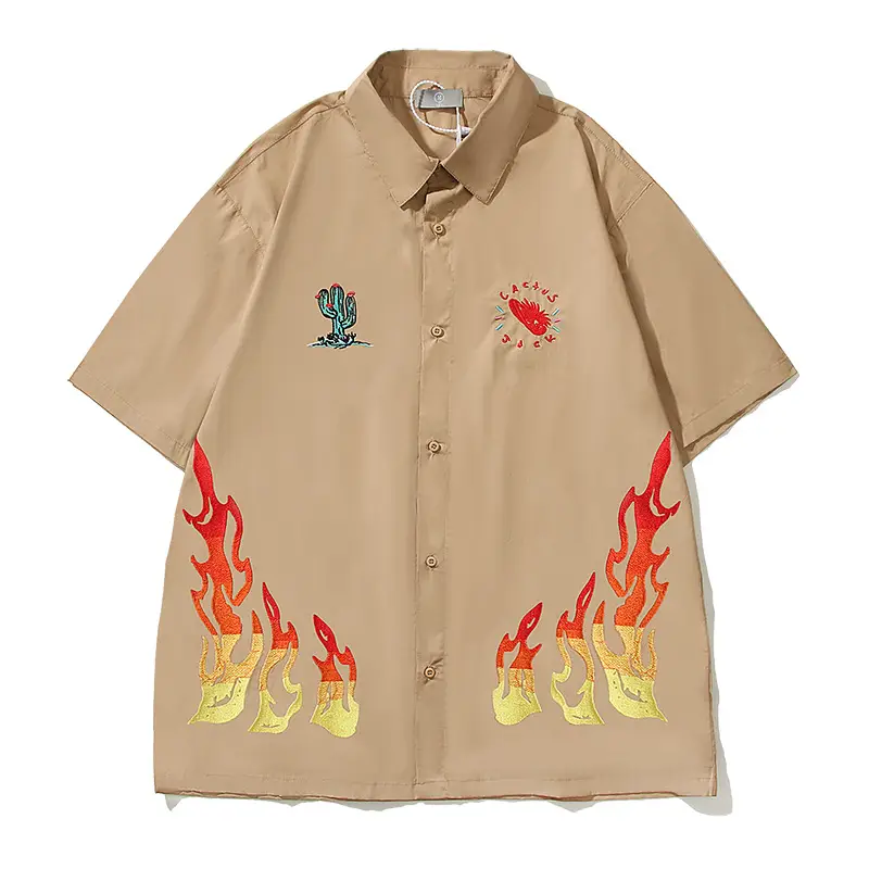 European and American high street fashion brand loose shirt top summer TS cactus flame embroidery trendy men's and women's short sleeve shirt