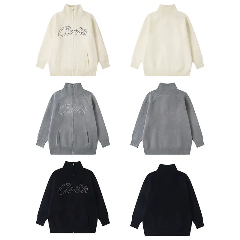 Alcatraz Corteiz Printed Cardigan with Stand Collar, Loose Long-Sleeve Knitted Sweater, Thickened Autumn and Winter Coat, Simple Ins Style