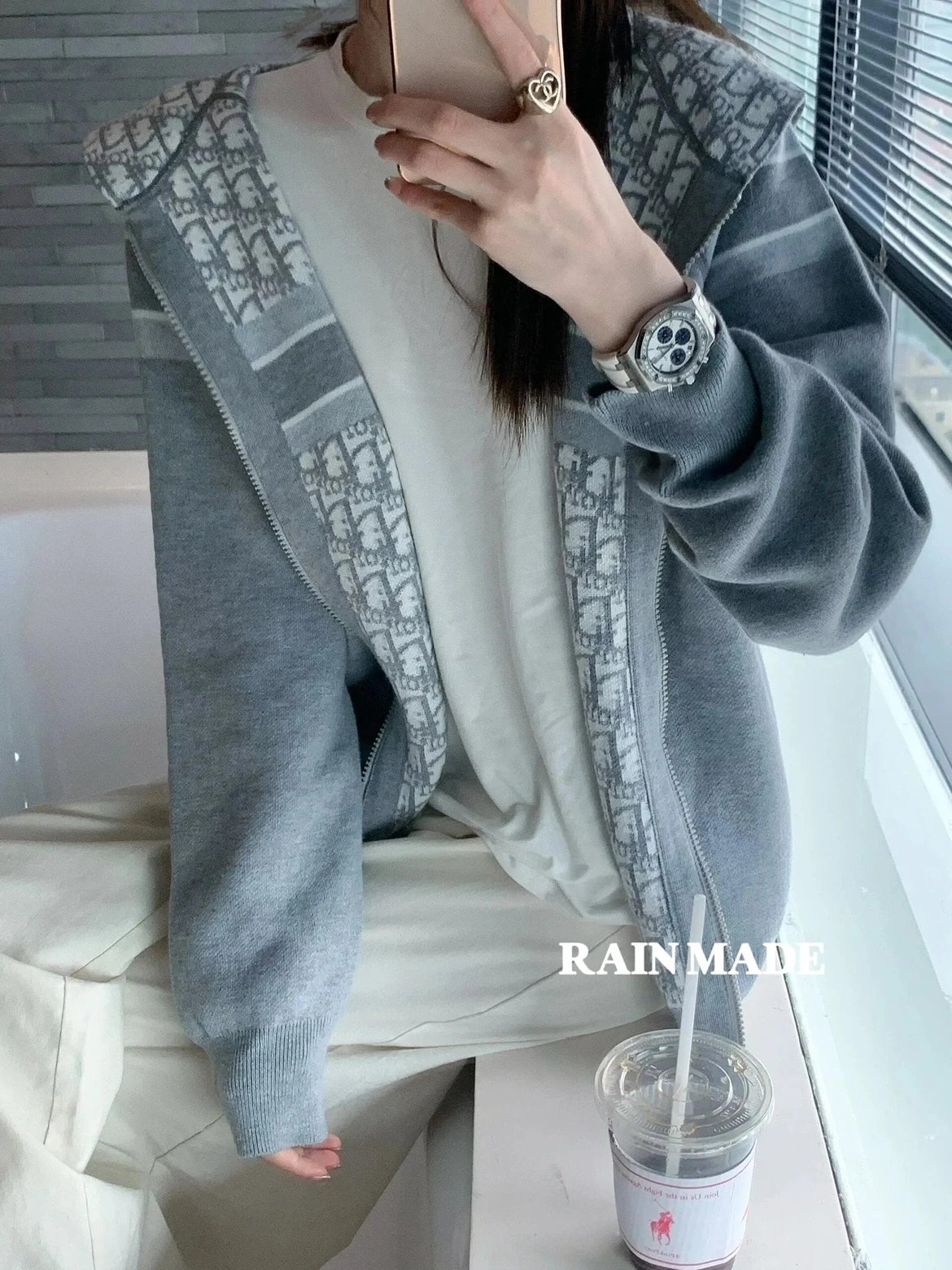 RainMade/CD双面5色羊毛混纺 26SS Oblique 刺绣提花连帽针织运动衫卫衣