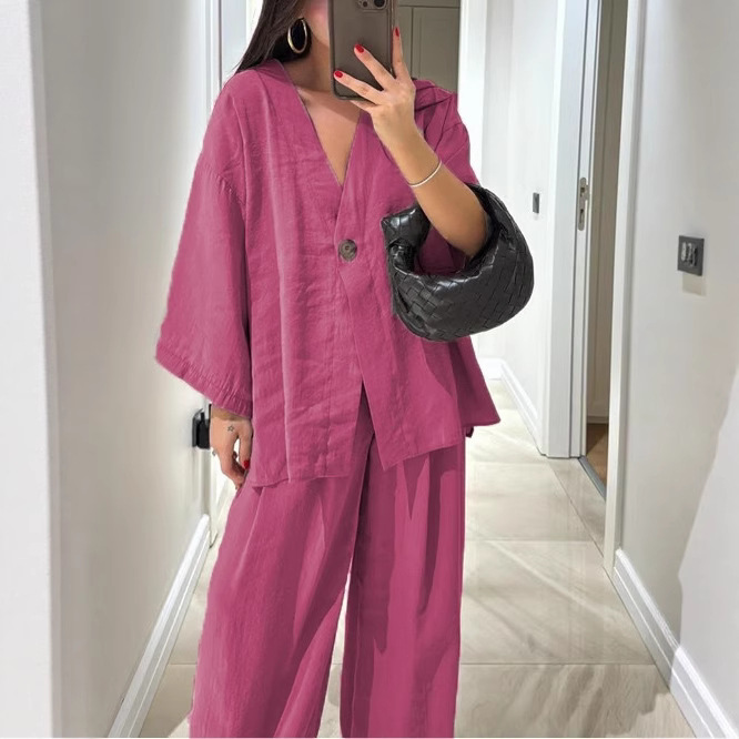 2026 Cross-Border Women's Fashion Casual Suit V-Neck Single-Button Loose Long-Sleeve Top High-Waisted Trousers Two-Piece Set
