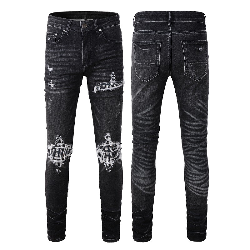 European and American Trendy Street Hot Diamond Patch Men's Ripped Jeans Men's Slim Stretch Men's Casual Pants 1350