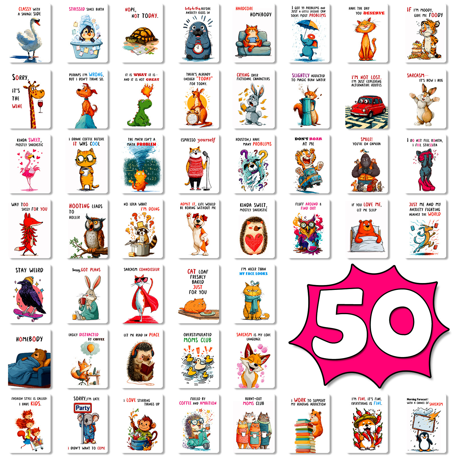 Cross-Border New Model 50 Humorous Interactive Text Cards Temu Shein Full English Animal Illustration Cards