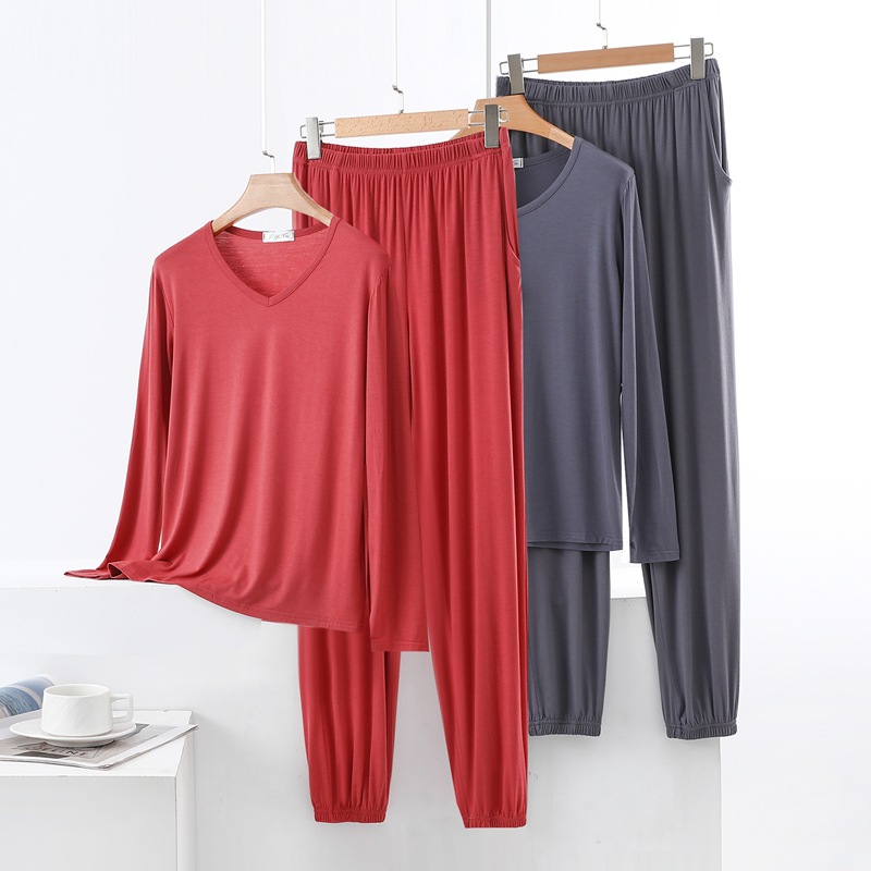 New Modal V Neck Long-Sleeved Large Size Home Wear Suit for Women Spring and Summer Thin Pure Color Long-Sleeved Pants Two-Piece Set