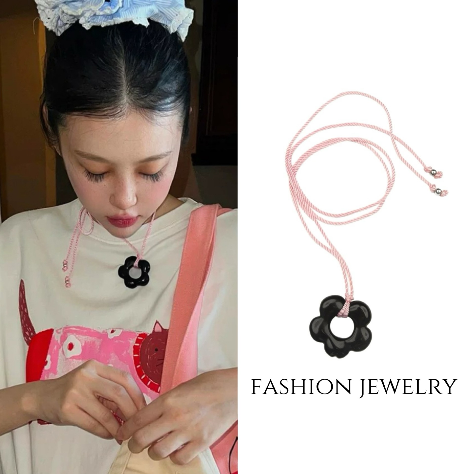 Korean Style Sweet High-grade Pink Rope Black Five-petal Flower Clavicle Chain Necklace Women's Simple Niche Long Necklace