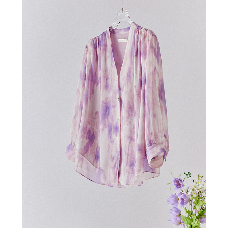 【Romance of Provence】French-Style Chic Gradient V-Neck Double-Layer Silk Shirt Top for Women 2025 Spring