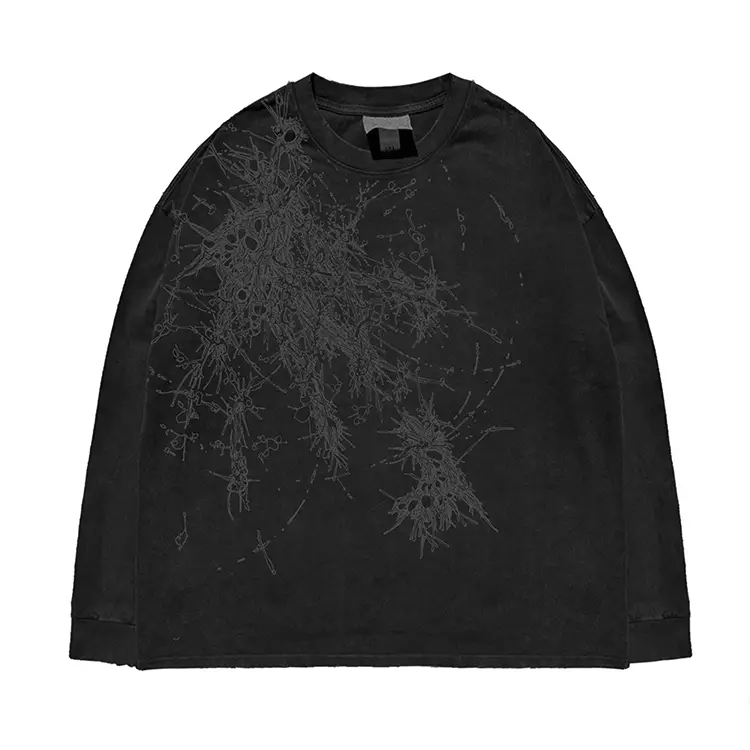 330G! Heavy Industry! Washed and distressed autumn and winter subculture printed handsome casual long sleeved T-shirt