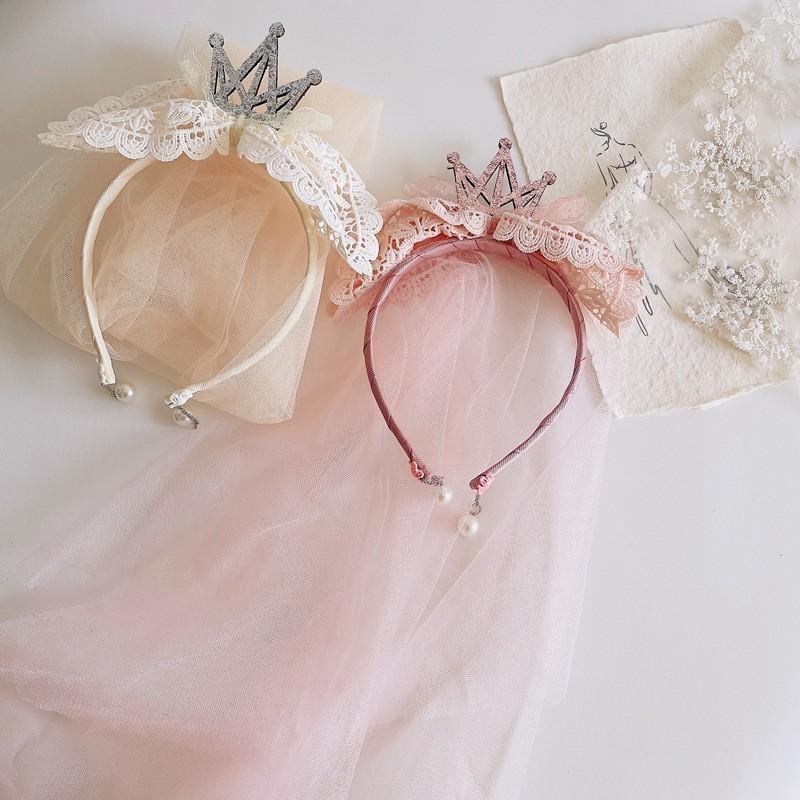 Spring and Summer New Super Fairy Lace Bow Veil Children's Birthday Hair Accessories Little Princess Crown Headband Flower Girl Veil