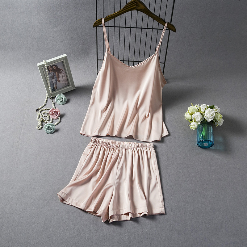 Summer New imitation silk sexy pajamas women's suspenders shorts silk home clothes two-piece suit a generation of hair