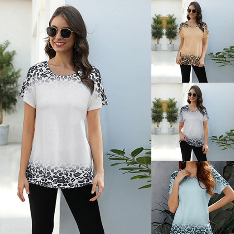 Spot 2020 New Summer Leopard Gradual Color New Round Neck Slim Short Sleeve T-Shirt Casual Top