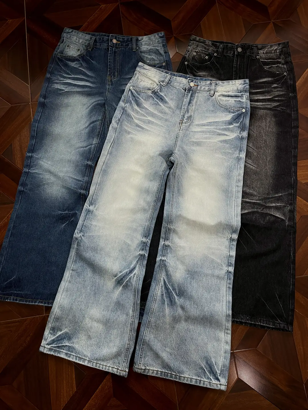 3Ch'Blade' American High Street Washed Whiskered Lightning Ripple Straight-Leg Flared Jeans for Men and Women