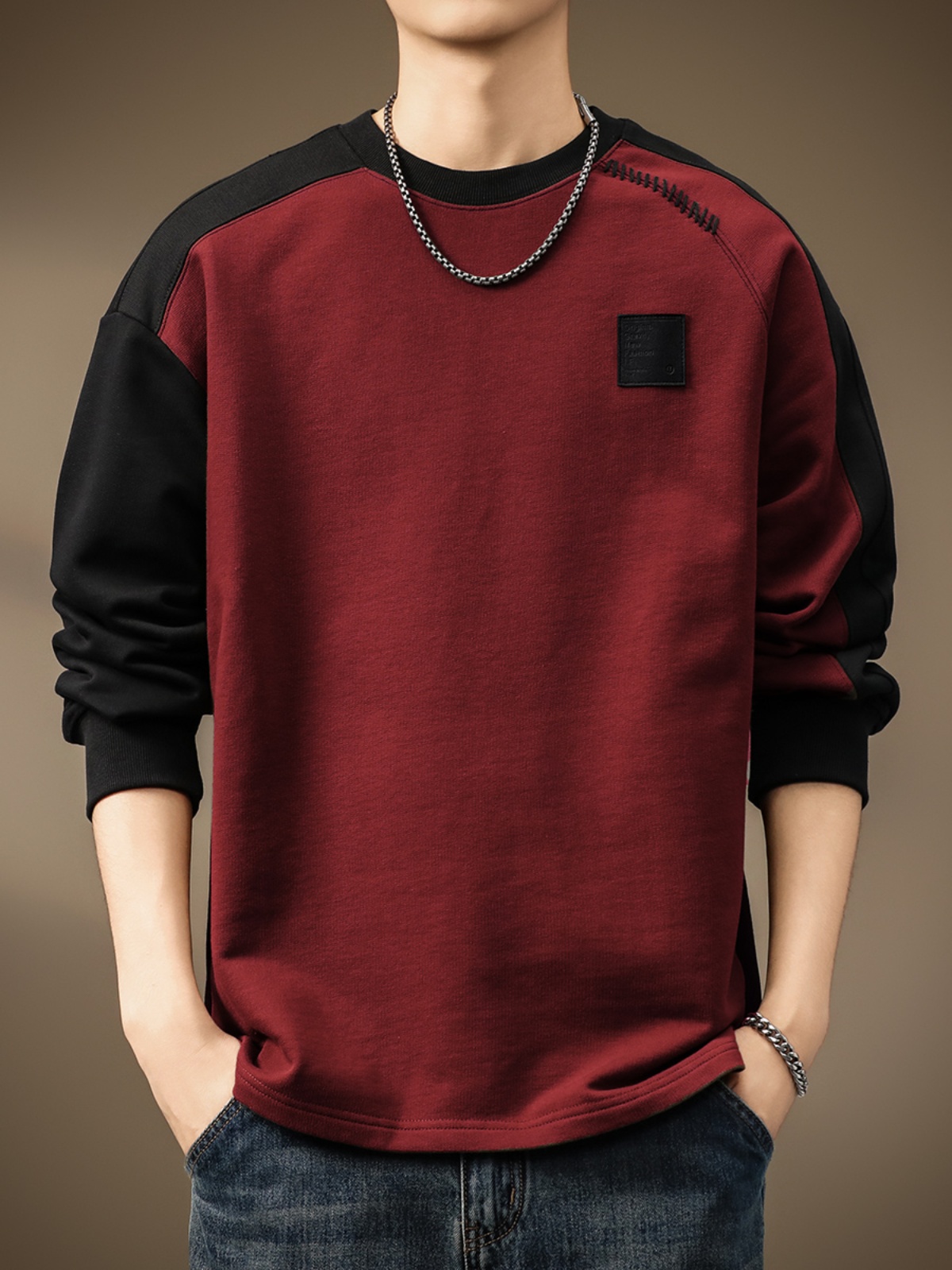 420g Heavyweight Patchwork Raglan Long-Sleeve T-Shirt for Men, Spring and Autumn Color-Blocking Loose Casual Burgundy Top