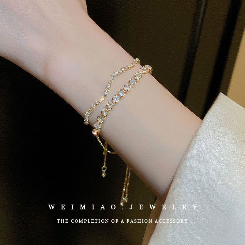 Diamond-Encrusted Wavy Geometric Adjustable Bracelet Elegant Bracelet Korean Ins Popular High-End Accessible Luxury Hand Jewelry Wholesale