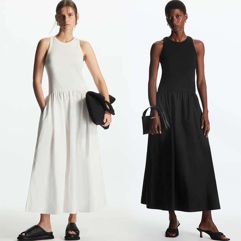 COS style 2025 summer new black and white two color leisure version round neck needle shuttle stitching vest dress