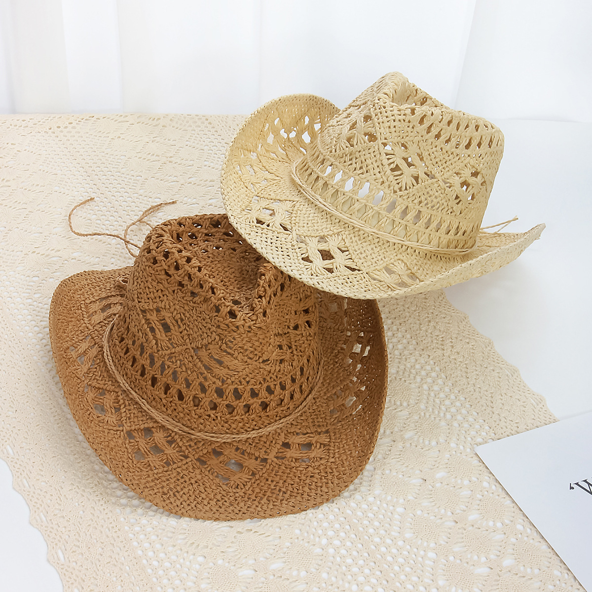 Cross-Border Popular Summer Straw Cowboy Hat Outdoor Sunshade and Sun Protection Straw Hat Women's Hollow Large Brim Beach Hat