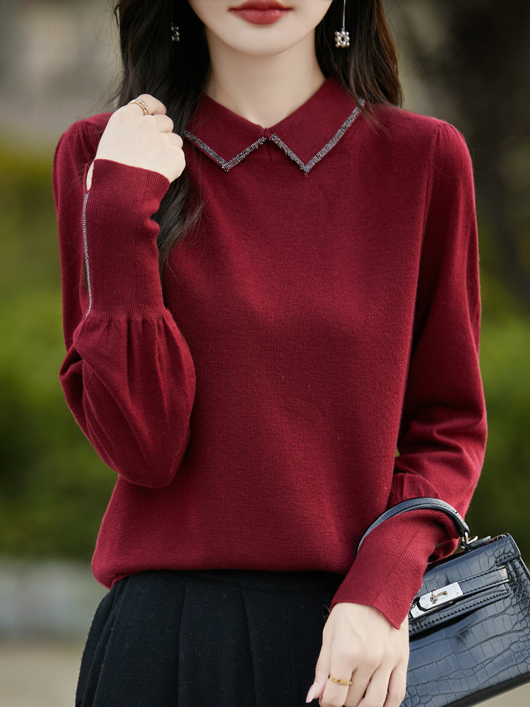 Early autumn French socialite imitation sweater women's autumn new lantern sleeve lapel diamond bottoming shirt thin sweater