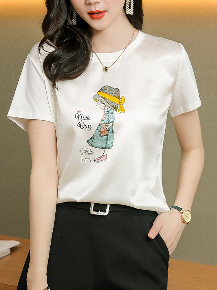 Silk Short-Sleeved T-Shirt for Women 2026 Summer New Style Loose Slimming Look Printed Fashionable and Versatile Mulberry Silk Top
