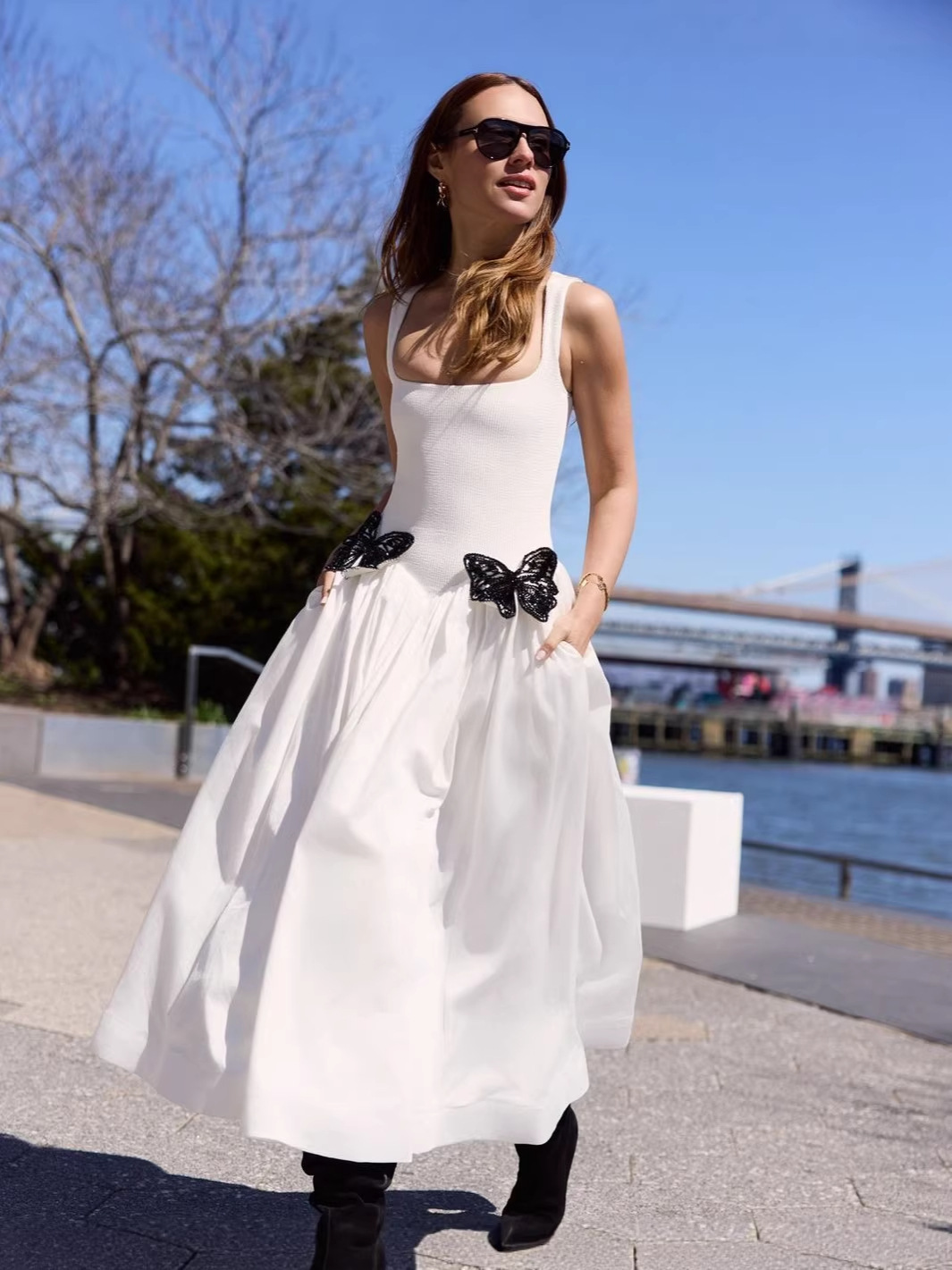 In stock | European and American New Style White Suspender Dress with Large Hem, Bandage Skirt, Butterfly Decoration, Sexy Dress