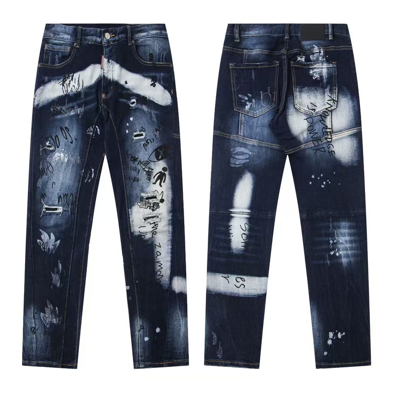 Men's Trendy Jeans Heavy Wash Fake Ripped Youth Brand Straight Pants Men's Spring and Autumn Versatile Casual Men's Pants