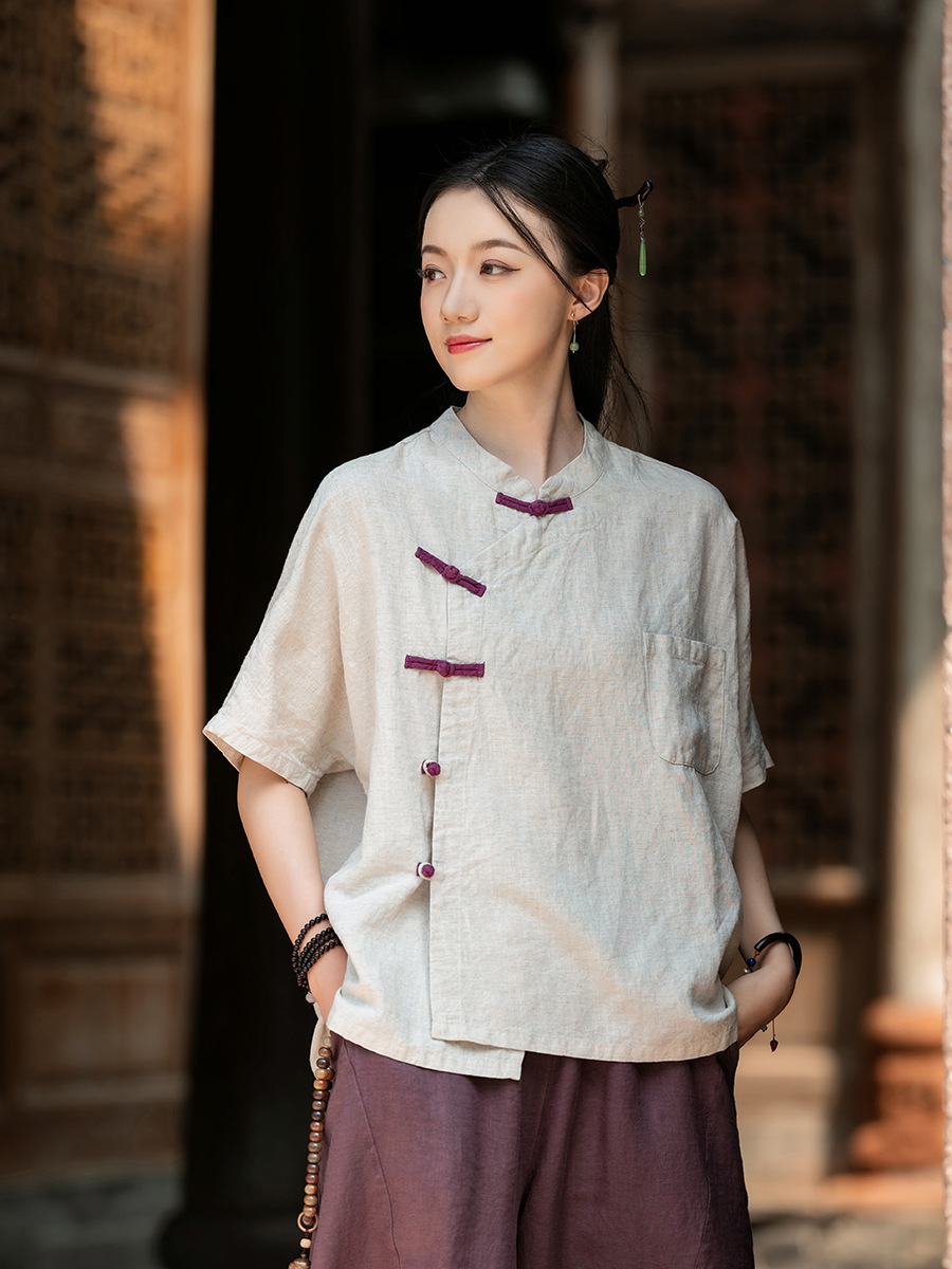26 Summer Cotton and Linen Women's Clothing Original Design New Chinese Style Top Retro Zen Style Diagonal Collar Buttoned Cardigan