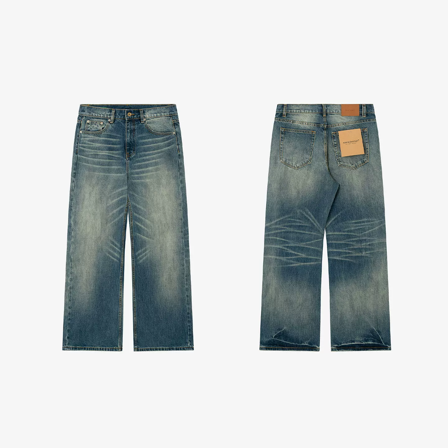 NO LOGO/091C * Yanghu Blue 15OZ Wash Loose Straight Tube Vintage Cat Beard Jeans