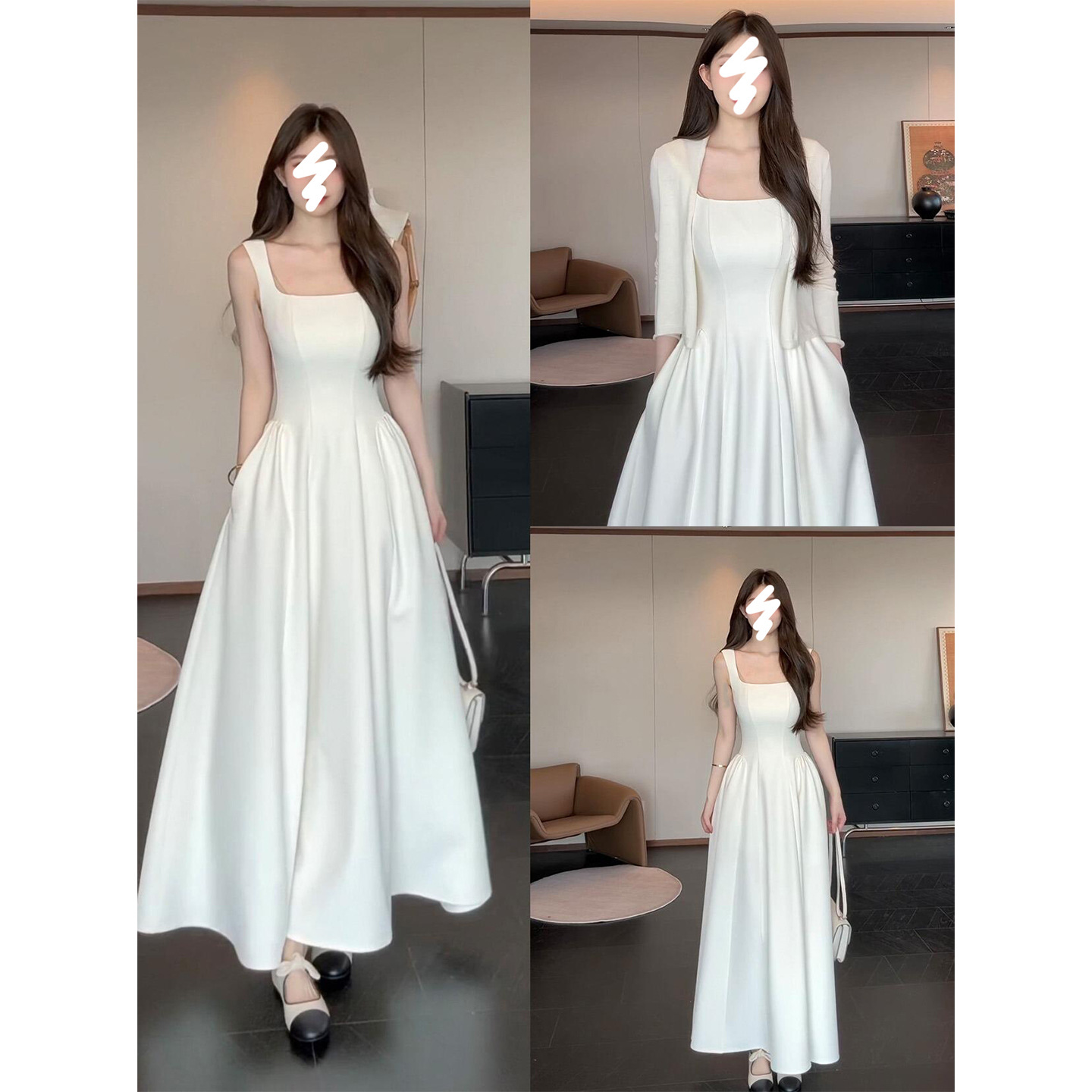White Spaghetti Strap Dress for Women, Summer First Love, Cool White Moonlight Waist-Cinching French Sleeveless Long Dress for Marriage Registration