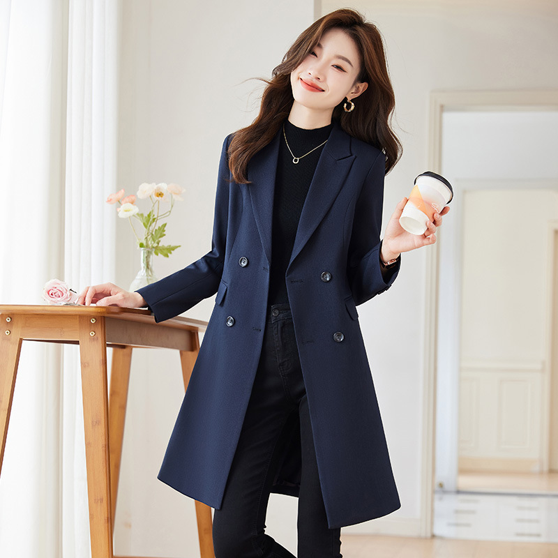 High-grade suit jacket Women's Mid-length elegant casual trench coat elegant dark blue coat Autumn New trench coat