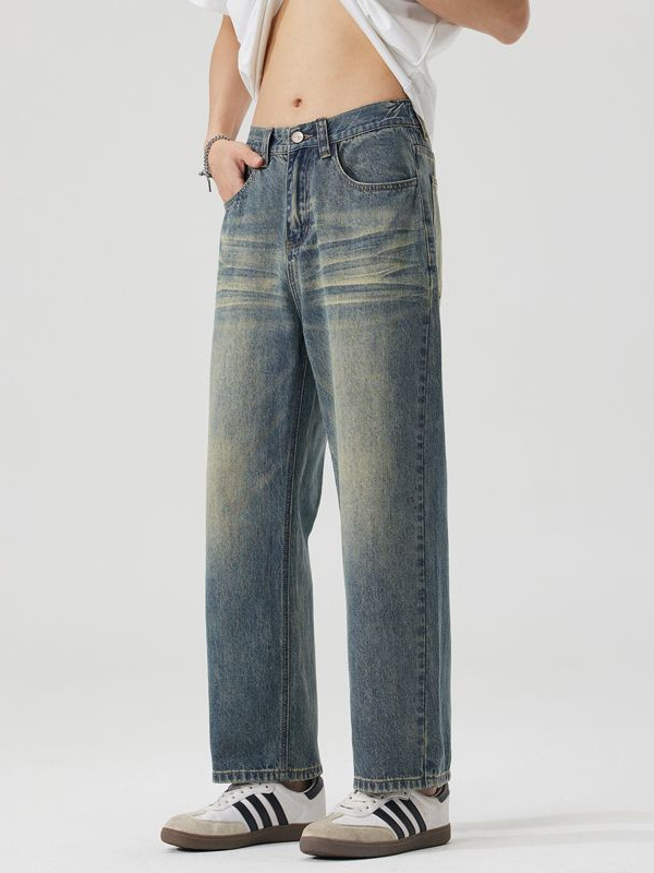 American Retro Trendy Brand Washed Vintage Nine-Point Jeans for Men, New Summer Style Loose Wide-Leg Straight Ripped Pants