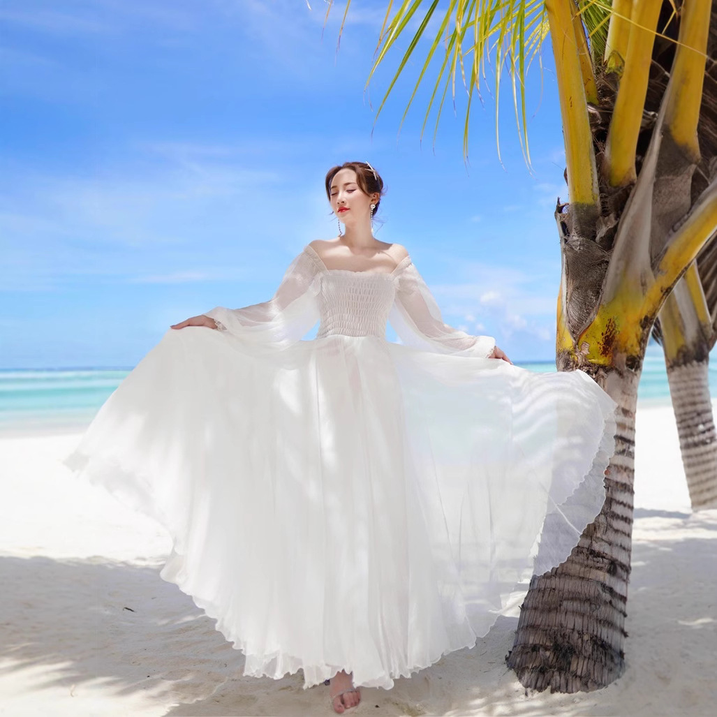 Gentle dress Fairy Super Fairy High-end French Elegant Seaside Holiday White Off-shoulder Long-sleeved Dress