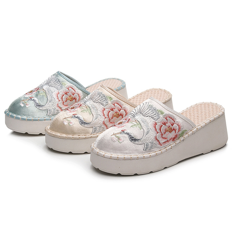 Platform slippers wedge fashionable embroidered closed toe half support fabric mesh embroidered shoes sandals women's shoes