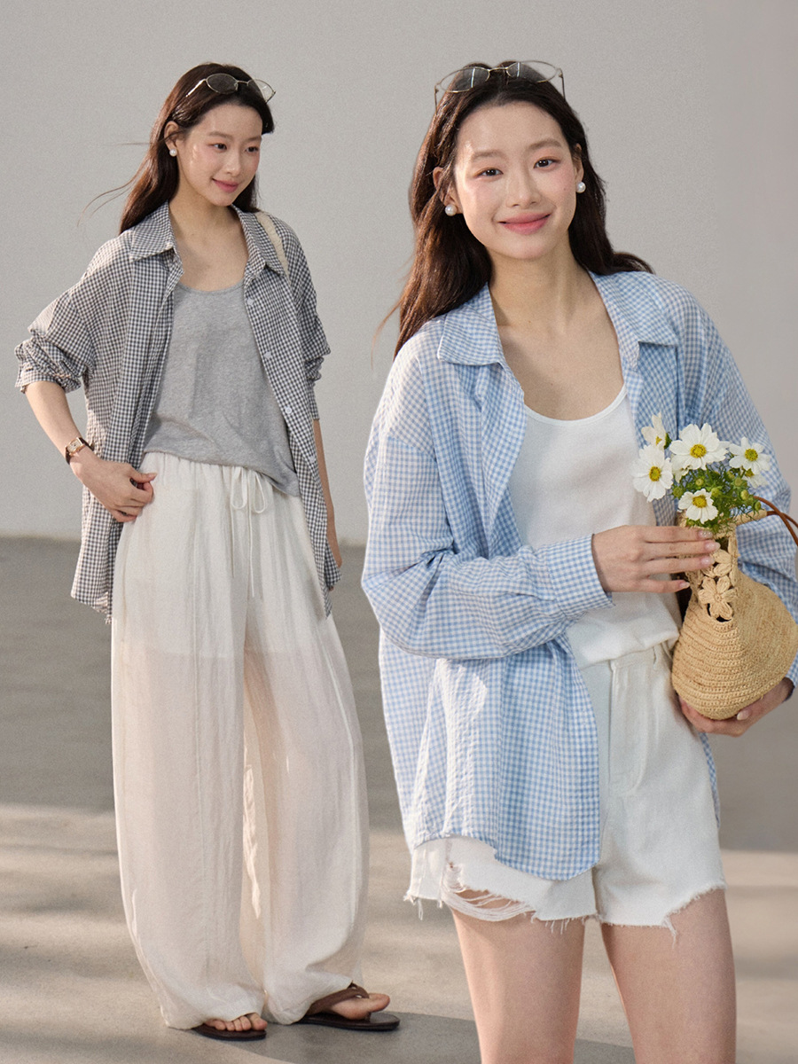 [Two-Piece Set] Goming Plaid Shirt + Solid Color Vest Two-Piece Summer Casual Suit for Women An289