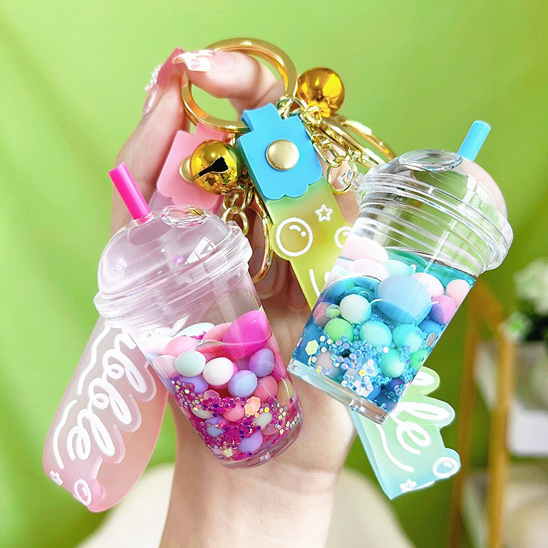 Acrylic luminous oil Sugar Bean Milk Tea Cup Keychain Car pendant floating quicksand couple bag key chain