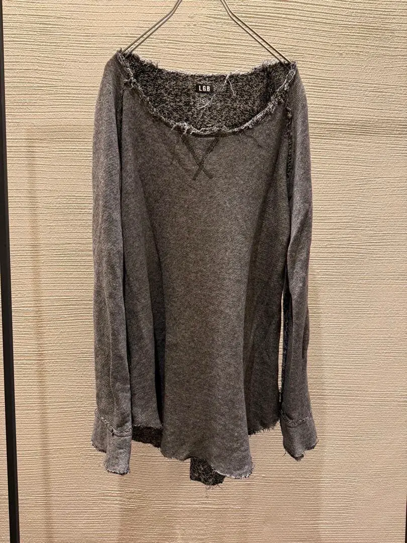 (L.G.B Visual Subculture Uc) Pure Cotton Distressed Fringe Crew Neck Long Sleeve T-Shirt
