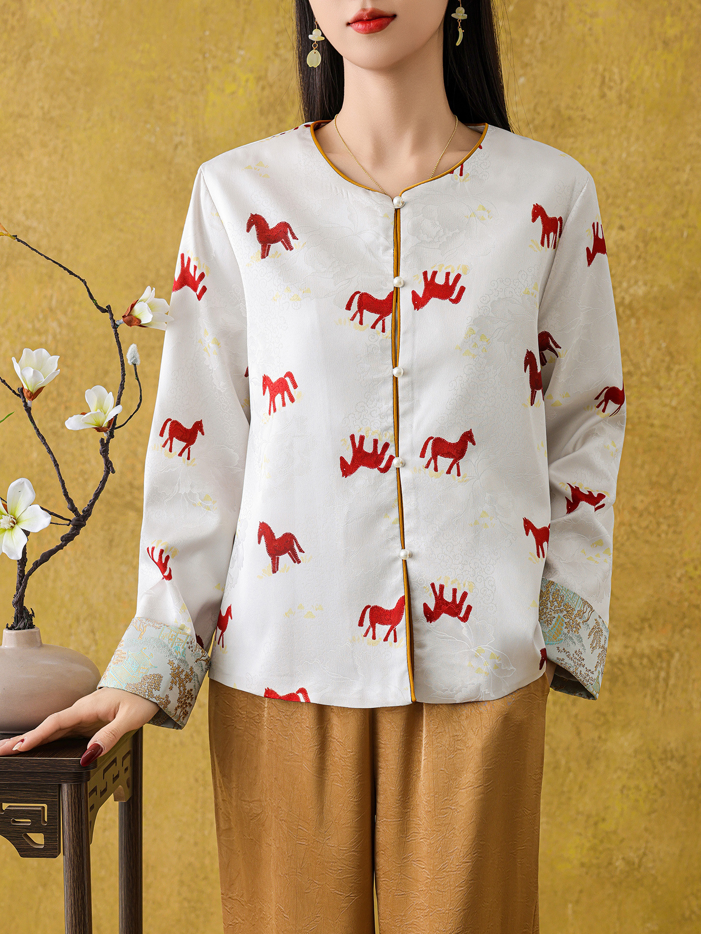 Spring New Chinese-Style National Fashion Jacket 2026 Satin Long-Sleeve Jacquard Red Pony Round-Neck Loose Cardigan Top