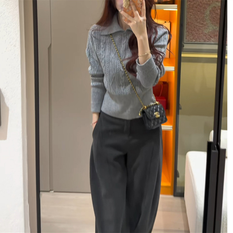 Turn-Down Collar Cable-Knit Slimming Stylish Chic 2026 Autumn/Winter New Sweater French Style Waist-Cinching Long-Sleeve Knitwear for Women