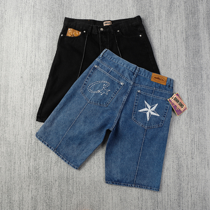 Corteiz24 New Denim Shorts with Star Embroidery, High Street Style Casual Five-Point Shorts for Men