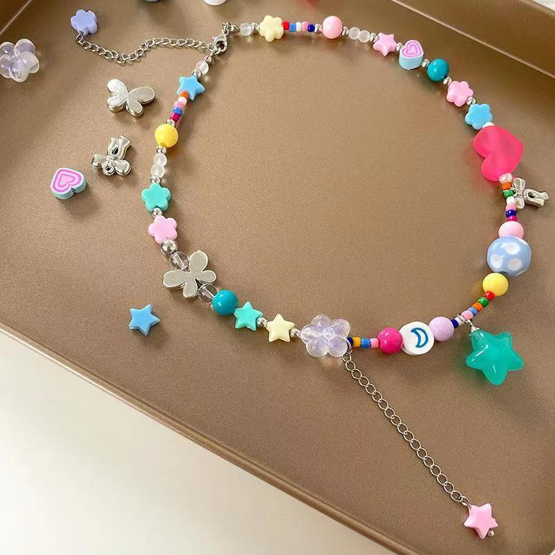 Cartoon Cute Sweet Color Flower Star Beaded Necklace Women's Light Luxury Niche Fashion Sweet Girl Girl's Collarbone Chain