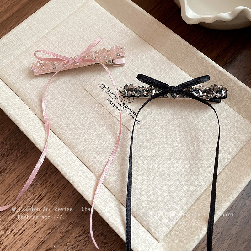 Glass Bead Bow Ribbon Hairpin Sweet Fashion Side Duckbill Clip Cute Fashion All-match Hairpin Hair Accessories Women