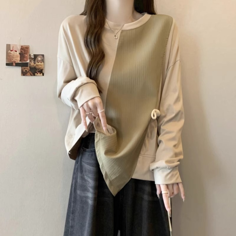 Plus Size Women's New Style Fat mm Contrasting Color Splicing Design Loose Slimming Look Belly-Covering Long-Sleeved Casual Round Neck Cross-Border
