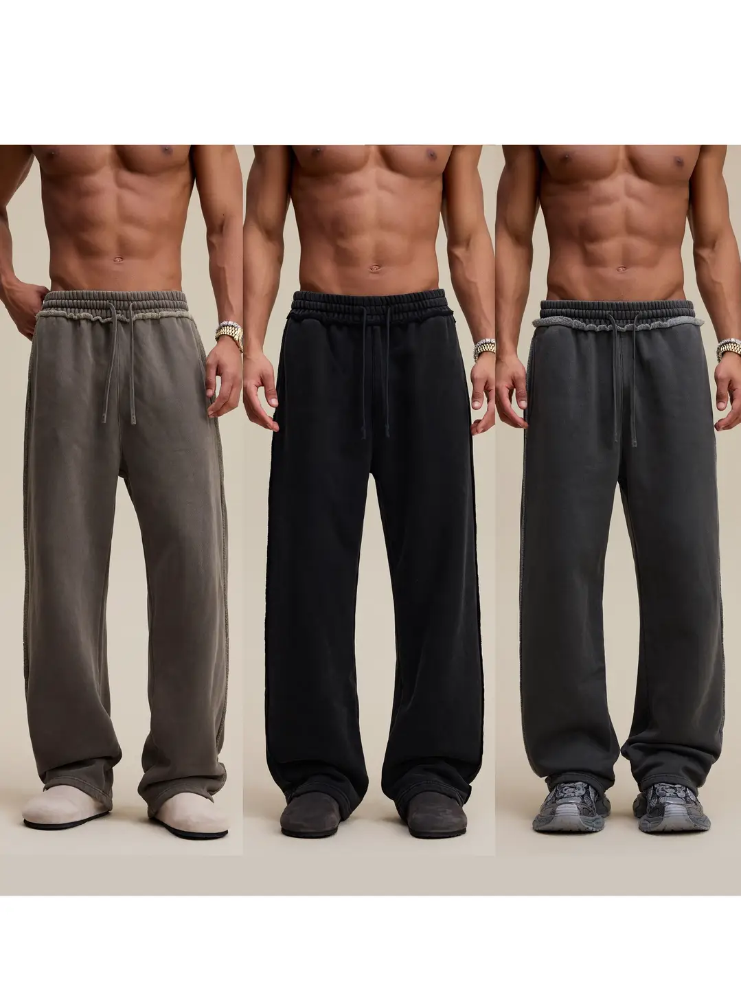 Trendy Brand Drapey 400g Heavyweight Solid Color Washed Frayed Hem Straight-Leg Sweatpants Autumn and Winter Loose Versatile Fleece-Lined Casual Long Pants