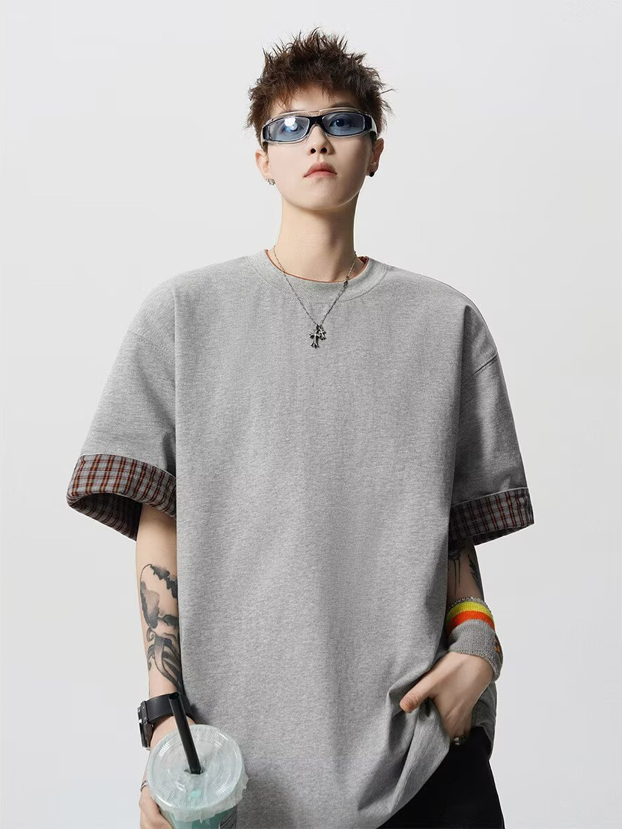 American-Style Plaid Cuffed Short-Sleeve T-Shirt for Men, 2026 New Summer Loose Design, Heavyweight Round-Neck Half-Sleeve Tee