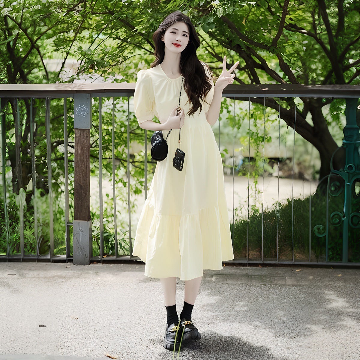 French-Style Gentle Style Creamy Yellow Puff Sleeve Dress for Women, Unique and Beautiful Summer Dress for Petite Figures, Waist-Cinching Fairy Dress