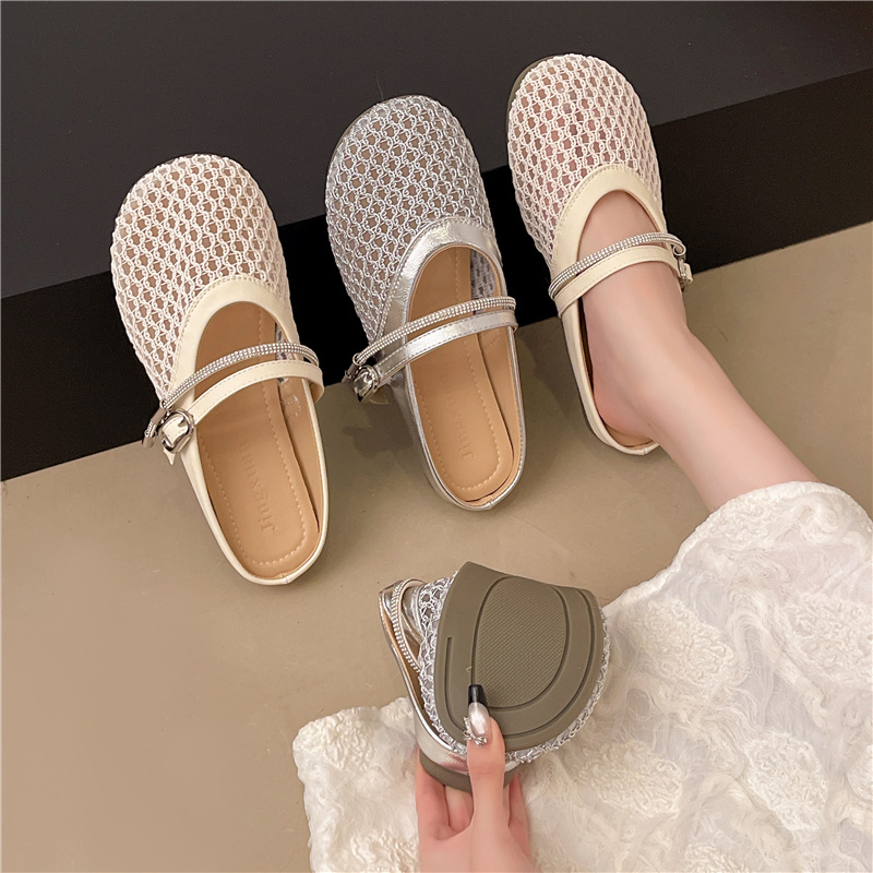 Flat-Soled Inner Heightening Fishnet Breathable Toe-Cap Half Slippers for Women's Summer Outer Wear 2025 One-Leg Woven Fisherman Sandals